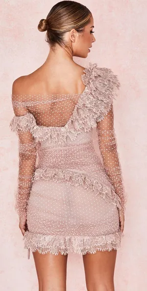 House Of CB Sorrel Blush Lace Frill Mini Dress Size XS NWT thumbnail 5