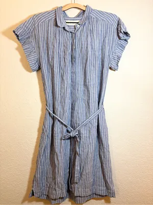 Anthropologie Isabella Sinclair Piper Blue White Stripe Ruffle Sleeve Dress Sz M thumbnail 6