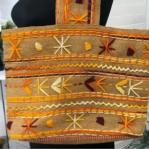 Vintage Burlap Tote Bag Embroidered Tan Orange Cream thumbnail 3