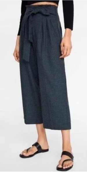 Zara Influencer Fave Plaid Wide Leg Cropped Trousers Pleated Tie Front Blue Chic Sz S thumbnail 1