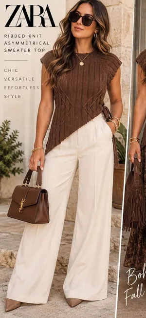 Zara Womens Brown Ribbed Asymmetrical Side Tie Short Sleeve Knit Top Small thumbnail 1
