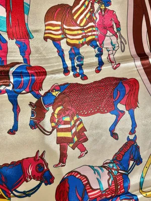 Vintage classic EQUESTRIAN horses PRINT ORANGE/ off white SQUAR SILK SCARF 35/35 thumbnail 11