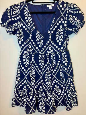 Mi Ami Navy White Embroidered Cotton Mini Dress Size M thumbnail 1