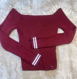 Hollister Burgundy Ribbed Off-Shoulder Sweater with Striped Cuffs thumbnail 1