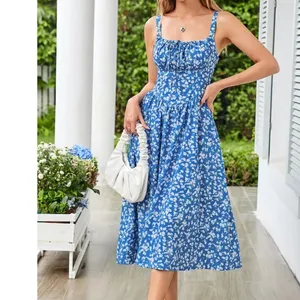 Scarlet Darkness Blue Floral Milkmaid Midi Dress Cottagecore Smocked sz Large thumbnail 7