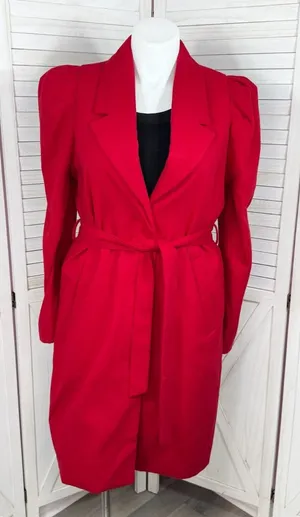 OnTwelfth Coat Women Size XL Red Puff Shoulder Sleeve Belted‎ Trench Long Cherry thumbnail 1