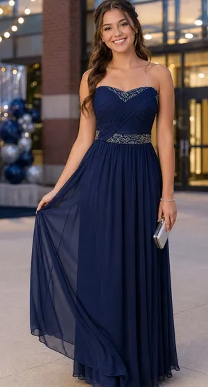 Bloomingdale’s AQUA Navy Blue Beaded Strapless Chiffon Formal Gown Dress Size 4 thumbnail 1
