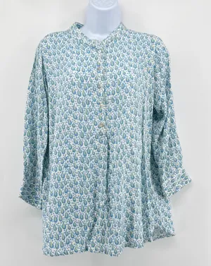 Rock Flower Paper Boho Paisley Print Tunic Blouse Shirt Blue Green Rayon Small‎ thumbnail 1