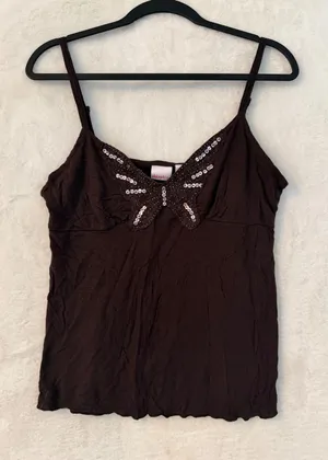 Xhilaration Brown Butterfly Sequin Cami Top Large Y2K Beaded Lettuce Edge Rayon thumbnail 1