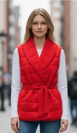 NWT SPANX Women's Red Quilted Sleeveless Tie Waist Belted Vest w/ Pockets XL thumbnail 1