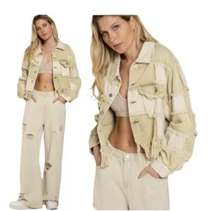 POL Patchwork Fringe Jacket Mixed Media Cropped Boho Raw Edge Button Front Small thumbnail 2