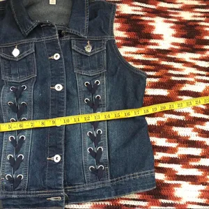 Y2K Mcbling Goth Grunge Cyber Punk Denim Jean Corset Lace up Corset Vest Jacket Shirt Top Blouse Navy Blue Cargo Pockets Sleeveless Dark Wash #whimsygoth #preppy #subversive #acubi #academia Size M - measurements in pics thumbnail 6