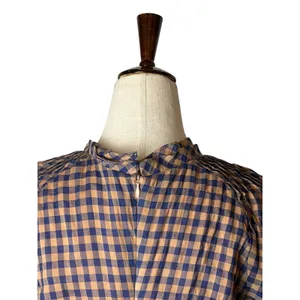 MINE Gingham Midi Dress Women Small Orange Blue Ruched Puff Sleeve Preppy Retro thumbnail 6