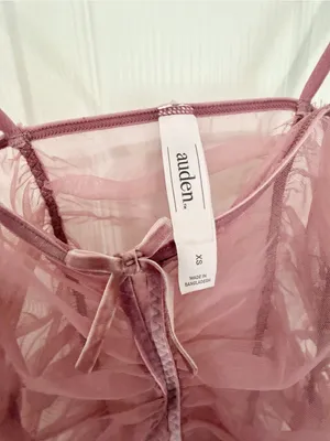 NEW Auden Pink Ruched Mesh Slip Dress Sheer Tulle Bow Front Romantic Lingerie thumbnail 2