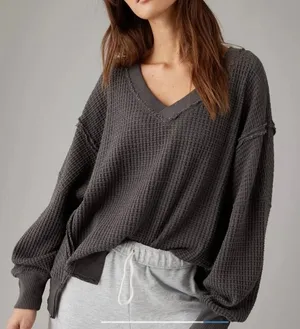 American Eagle Seriously Lived In Big Hug Waffle Knit Pullover Gray M Oversized thumbnail 1