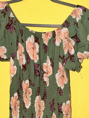 Olive Green Floral Maxi Dress with Puff Sleeves thumbnail 4