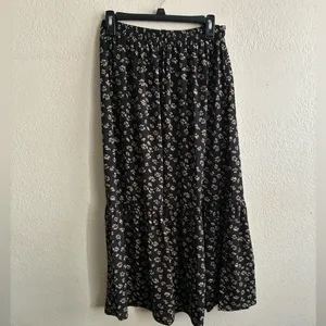 Catch Stitch Floral Print High Waist Frill A Line Flared Long Black Skirt M thumbnail 4