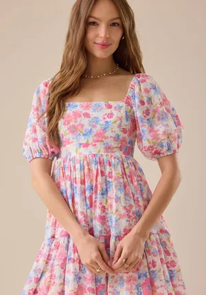 Altar'd State Pink Blue Floral Square-Neck Puff Sleeve Mini Dress High Tea XL thumbnail 1