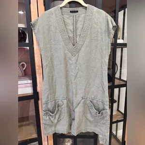 Sisley y2k mini dress vneck olive linen drop hem a-line pockets drawstring thumbnail 8