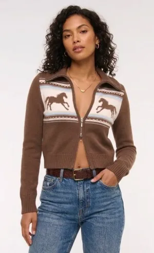 NWT Abercrombie & Fitch Western Horse Cardigan in Brown Crop Sweater XS thumbnail 1