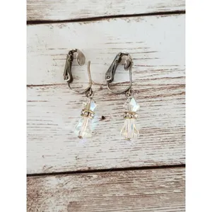 Vintage Clip On Earrings Iridescent Dangle with Clear Stone Accent thumbnail 3