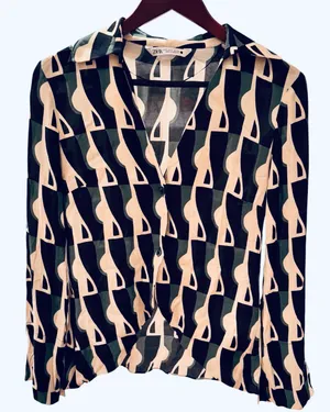 Zara Semi Sheer Geometric Blouse Shirt Black Green Cream S Business Funky thumbnail 2