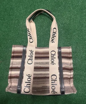 Chloé Beige and Brown Striped Canvas Tote with Logo Straps thumbnail 1
