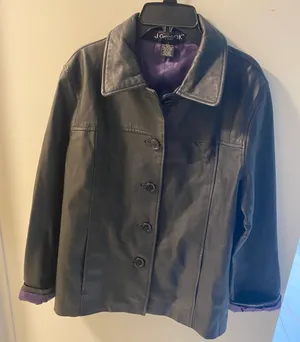 Elegant Black Leather Jacket with Purple Interior LG HOOK Size: S thumbnail 1