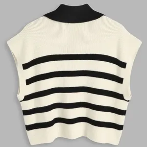 CIDER V Neck Cap Sleeve Sweater Vest Top Casual Trendy Striped Cream Black Sz. S thumbnail 4