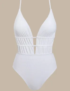 Berlook White Textured Plunge One-Piece Swimsuit thumbnail 5
