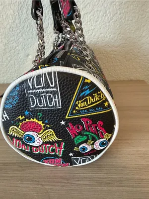 Von Dutch Black Graphic Barrel Crossbody Bag with Multicolor Patches thumbnail 5