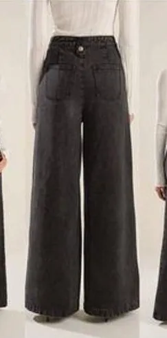 Freemarket Women Black Wide Leg Sailor Jeans Gold Button High Waist Small thumbnail 1