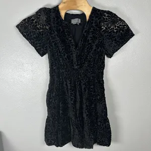 Anthropologie Somerset‎ Mini Dress Womens Small Black Floral Velvet Tiered Vneck thumbnail 1