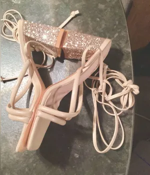 NIB Zelaproxy Women's Tan Strappy Lace up Glitter Chuncky Block Heels. Size:8 thumbnail 5