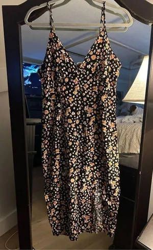 NEW Black Floral Tie Shoulder Split Sleeveless Cami Dress L thumbnail 3