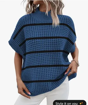 Blue Oversized Short Batwing Sleeve Mock Neck Sweater Vest Size Large New thumbnail 1
