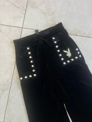 NWT PLAYBOY X Missguided Black Velour Studded Wide Leg Pants Size Small thumbnail 3