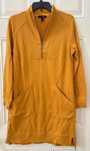 Tribal French Terry Mock Neck Short Dress Size Petite Small Mustard Yellow thumbnail 1