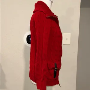 Lauren Ralph Lauren Sweater Womens S Red Cable Full Zip Brass Buckles Pockets thumbnail 5