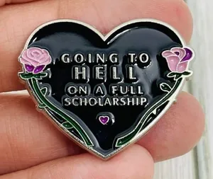Going to Hell on a Full Scholarship Black Heart Enamel Pin with Pink Roses thumbnail 1