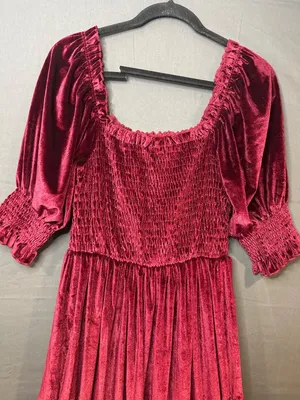 Realtix XL Burgundy Velvet Maxi Dress Smocked Puff Sleeve Cottagecore Romantic thumbnail 4