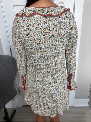 Women’s Free People White Floral Ruffle Dress w/Rust Trim Size S Trumpet sleeves thumbnail 3
