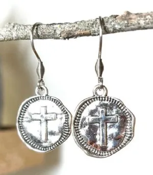 Western Chic Cross Etched Silver tone Dangle Earrings. Wax Seal Cross thumbnail 1