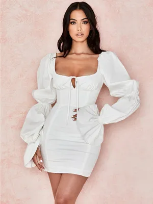 House Of CB White Puff-Sleeve Mini Dress with Tie Front thumbnail 2