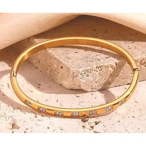 NEW Elegant Gold Plated 316L Bangle‎ Bracelet Square Simulated Diamonds, 6-9” thumbnail 9