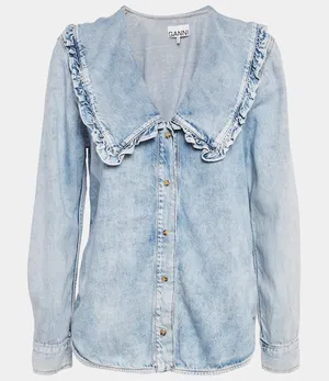 Ganni Peter Pan Collared Ruffle Denim Shirt Indigo Blue 34/XS thumbnail 1