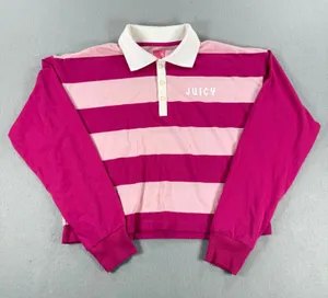 Y2k Juicy by Juicy Couture Pink Striped Long Sleeve Cropped Rugby Polo Small thumbnail 1