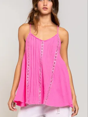 NEW POL Cotton Gauze Lace Trim Floral Cami Tank Candy Pink Flowy A-Line Small thumbnail 2
