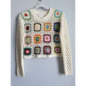 Luna Ivy Crochet Sweater Crop Granny Knit Top Cottagecore Boho Patchwork Small thumbnail 4