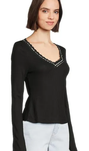 Free People Black Ribbed V-Neck Long Sleeve Top thumbnail 1